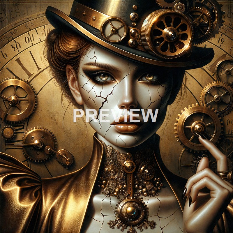 A steampunk-inspired woman with cracked porcelain skin, wearing a hat adorned with gears and cogs, surrounded by clock faces and gears, with a serious expression and intricate jewelry.
